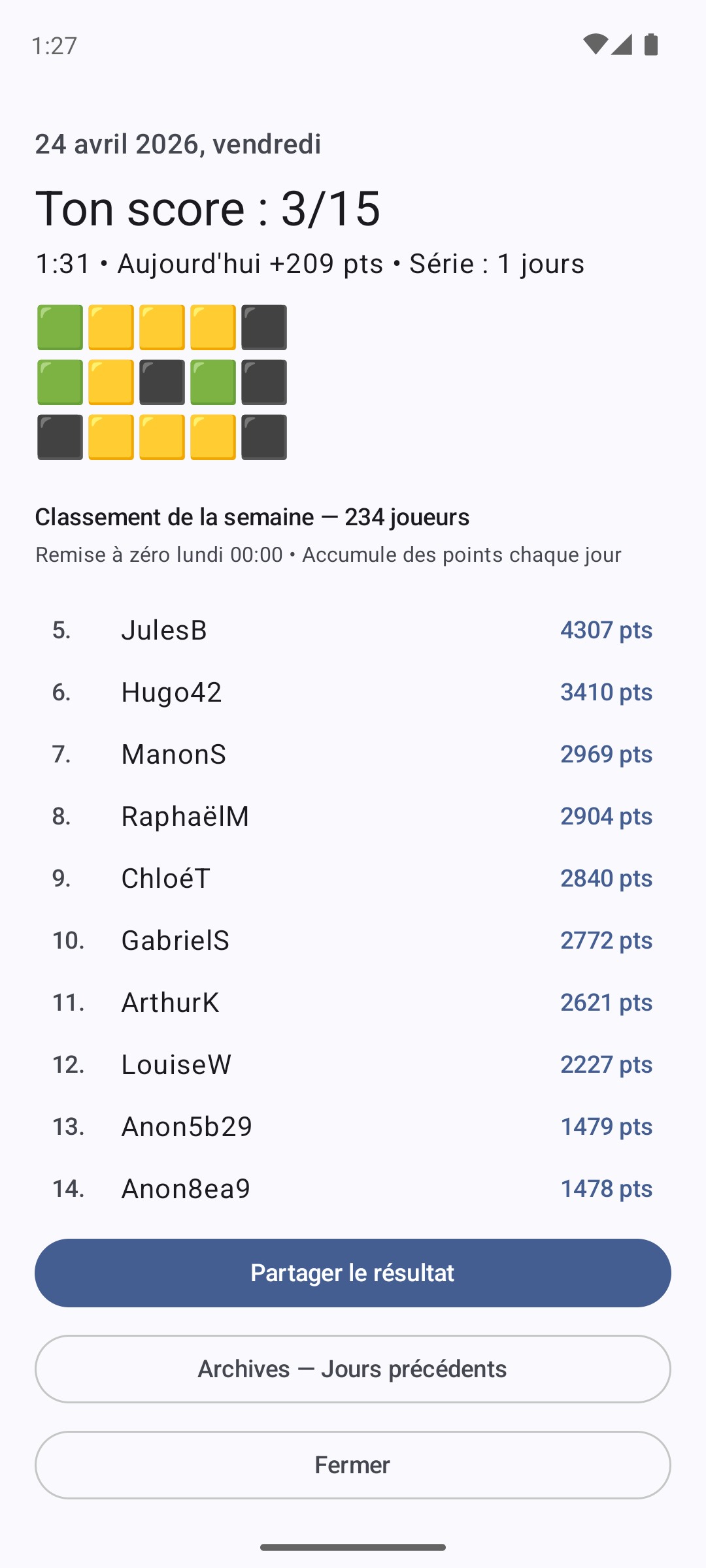 Sortum classement hebdo